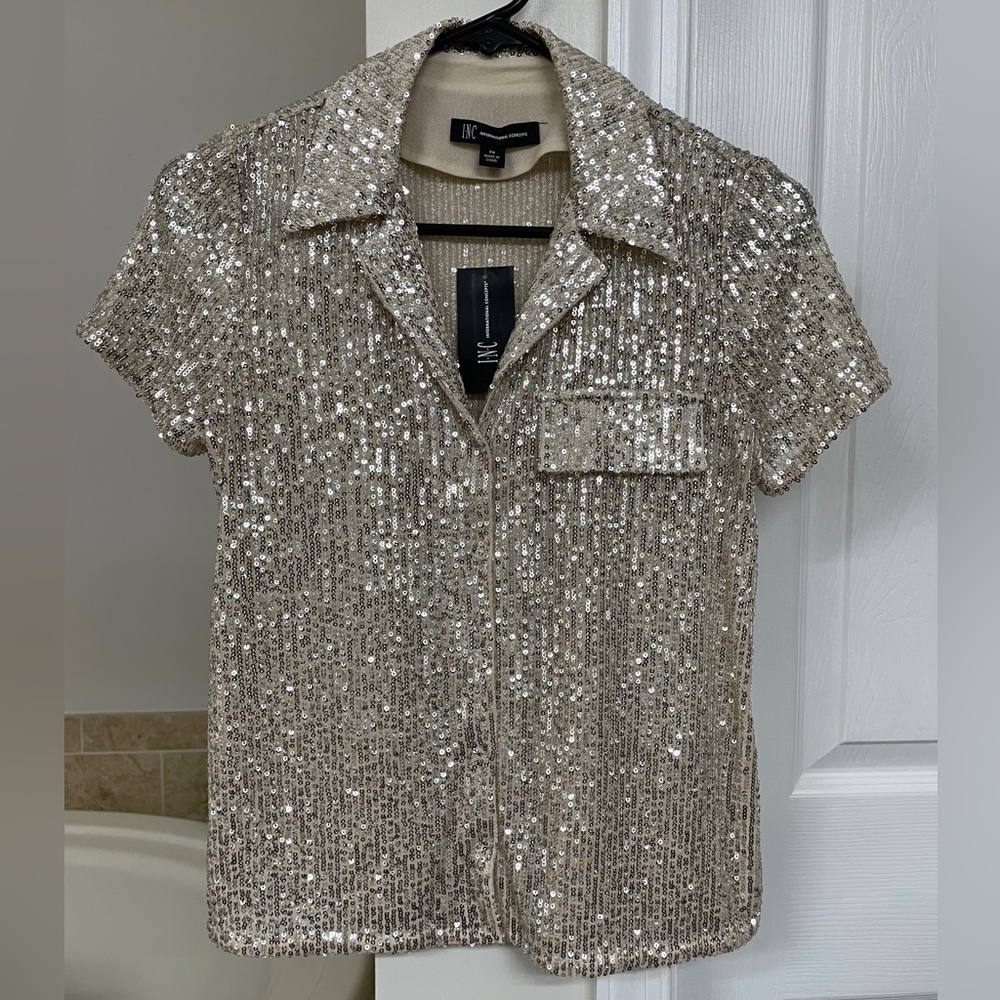 INC Women's XS Sequin Mesh with Snap-buttons, Collar, and Faux Pocket NWT